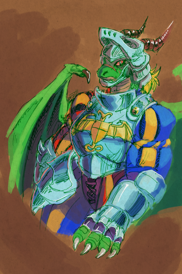Digital color over traditional ink, half-length portrait, drawing of an anthropomorphic female green dragon in bright white armor, over a half-red, half-blue doublet.