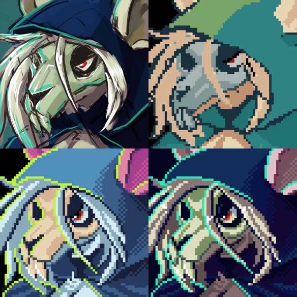 Work-in-progress footage of the process of creating an animated portrait of an anthropomorphic female rat with white fur and red eyes. He wears a rat skull mask over his face and a dark blue cape over his head. Each step shows the process, starting with a color digital art sketch, a pixel art block, a refinement step, and the final portrait still image.