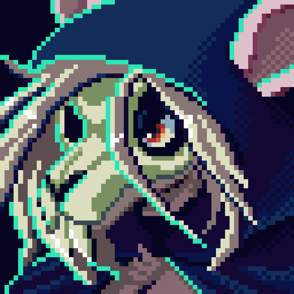 Pixel portrait animation of an anthropomorphic female rat with white fur and red eyes. He wears a rat skull mask over his face and a dark blue cape over his head.