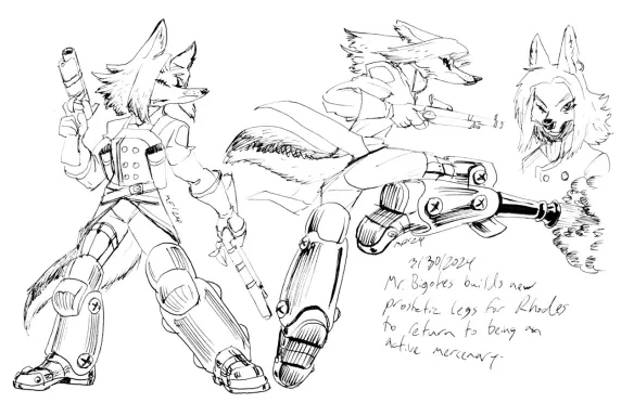 Twp traditional ink different pose sketches of an anthropomorphic female jackal with short hair, a missing eye, wearing a short tailcoat a prosthetic metal right leg, with matching metallic left boot,
