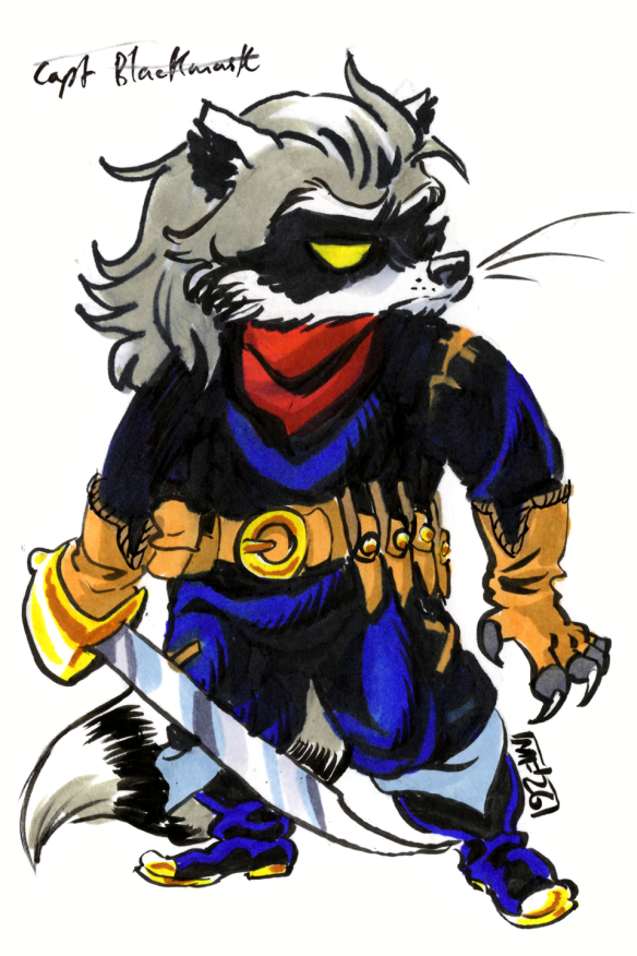 Marker sketch of an anthropomorphic male raccoon dressed in a black full-body suit and boots, a red bandana, brown fingerless gloves and a belt made of a small pouch and throwing knives. The raccoon also wields a machete in his hands.