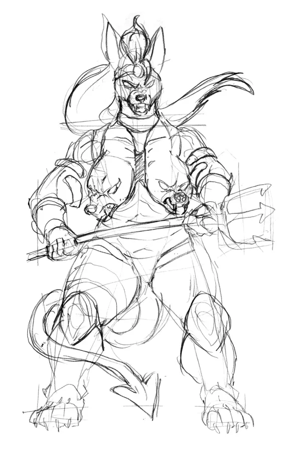 Traditional pencil sketch of an anthropomorphic female dog with extra heads for breasts and a long spade tail, reminiscent of the Greek mythological beast, Cerberus. She wears a breast-less leotard, chest harness, leg greaves, as she wields a three pronged pitchfork.