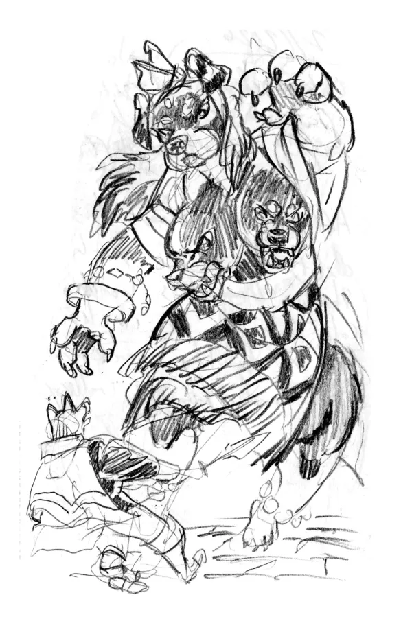 Traditional pencil sketch of an anthropomorphic female rottweiler-like dog with extra heads for breasts and a long spade tail, reminiscent of the Greek mythological beast, Cerberus. She wears a topless robe patterned robe and various pieces of arm and ankle jewelry, while attempting to stomp into a smaller wolf warrior with a cape and spear.