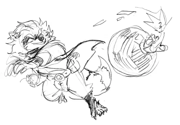 Pencil sketch of an anthropomorphic male raccoon wearing a long jacket, trousers under a padded codpiece and belt. The raccoon throws a round bomb at the camera.