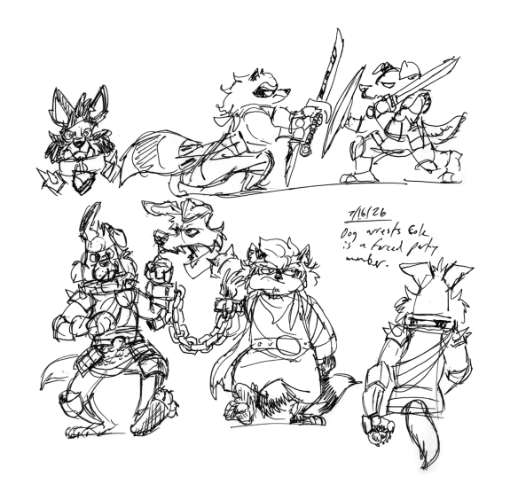 A collage of gel pen sketches of an anthropomorphic male dog in armor and a male raccoon in a long ragged coat. The sketches above show the raccoon dressed as a dog engaged in a sword fight. The bottom sketches show the dog and raccoon handcuffed together with a long chain. There are also sketches of close-ups and alternative angles of the dog's face, some sketches specify that the dog has a border collie coat pattern. The written text says: "Dog arrests Cole; He is a mandatory member of the party."