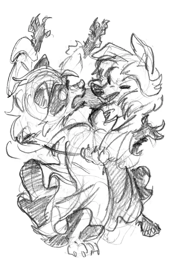 Pencil sketch of an anthropomorphic male raccoon in a long jacket being judo thrown by an angry anthropomorphic female dog wearing a flowing dress.