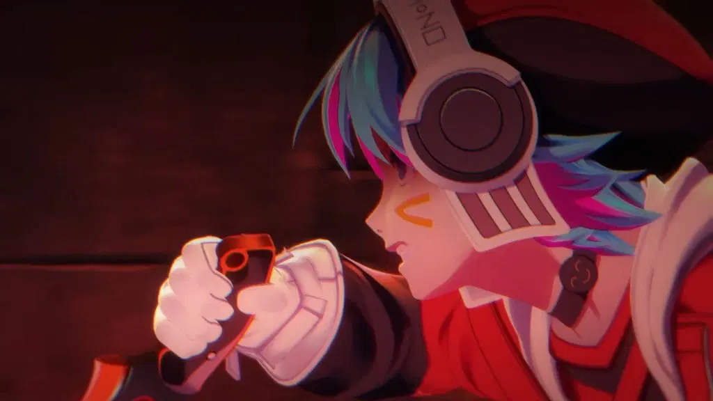 Still from the .hack ZERO trailer showing a Twin Blade character similar to Kite, with short pink and blue hair, a red suit and hat, and white gloves. They are running while carrying a knife. 