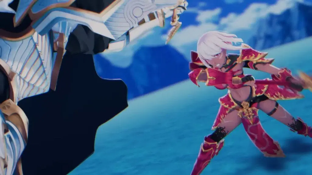 Still from the .hack ZERO trailer showing a Heavy Blade character with short white hair, red armor, and a large red and gold sword. They are fighting an off-screen warrior in white armor.
