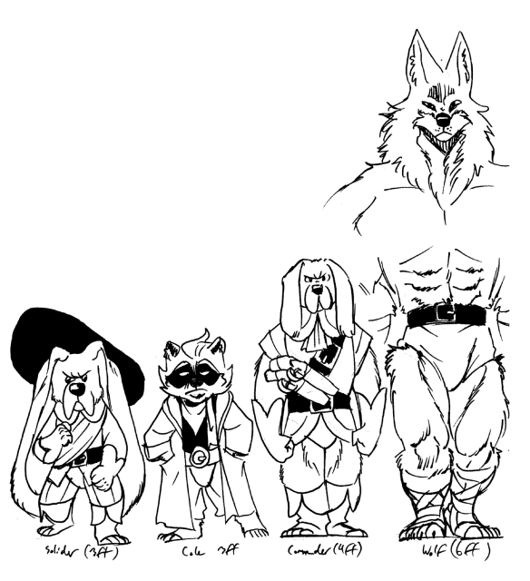 Pen and ink height chart of an anthropomorphic basset hound with long ears. He wore a feather hat with the label "soldier" standing at 3 feet, and an anthropomorphic raccoon wearing a long coat called "Cabbage"standing at 3 feet, a different anthropomorphic dog with short ears and a belt of labeled flintlock pistols "Commander" 4 feet, and an unnamed, vaguely drawn anthropomorphic wolf in a loincloth and sandals, 6 feet.