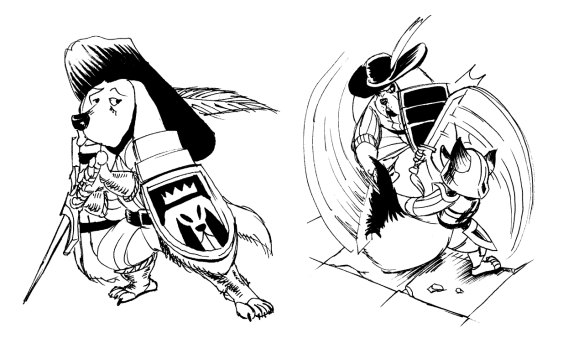 Two pen and ink illustrations of an anthropomorphic basset hound with long ears. The first illustration on the left shows the dog dressed in a feathered gentleman's hat, a tunic, and stripped trousers. Attached to the dog's ears are large shields to cover its body, leaving room to hold its long sword with both hands. The second illustration on the right shows the dog in a sword combat scenario against an armored anthropomorphic fox that defends itself from the dog's sword attack with its own thick, fluffy tail, while attempting to attack with its own sword only to be blocked by the dog's large shielded ear.