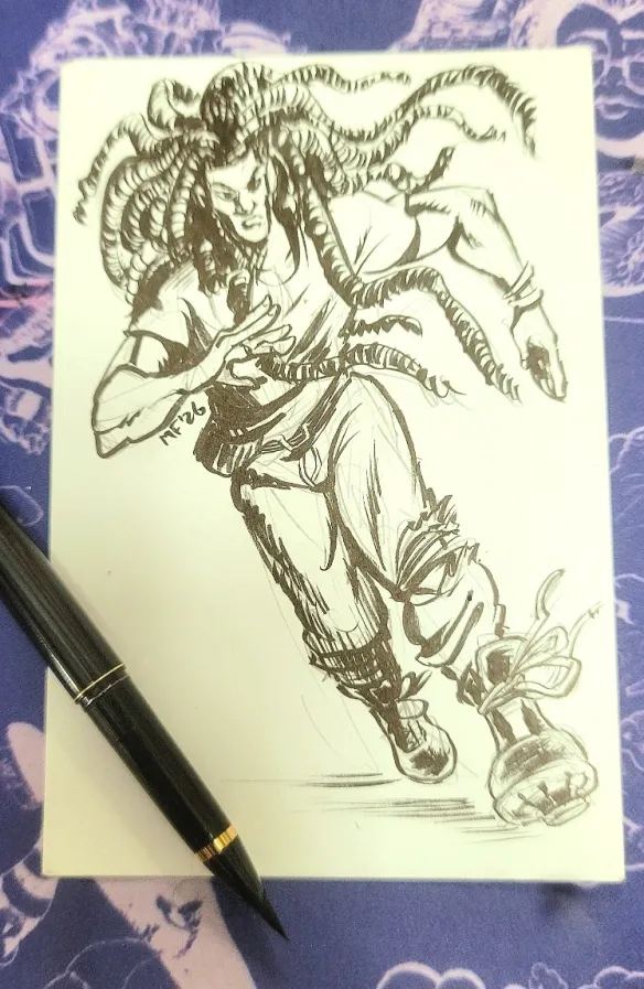 Brush drawing of a slim, muscular man dressed in a t-shirt, ripped jeans and boots, running towards the camera.