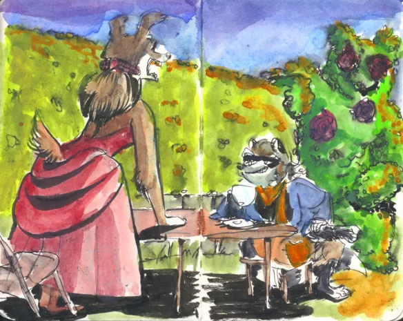 Traditional Ink and Gouache Paint double page spread of an anthropomorphic dog in a pink dress and anthropomorphic raccoon in a blue coat having garden tea party in front of a large hedge wall. The dog is surprised by the arrival of a living hedge animal sculpture emerging from behind the hedge wall which the raccoon is unaware of behind him.