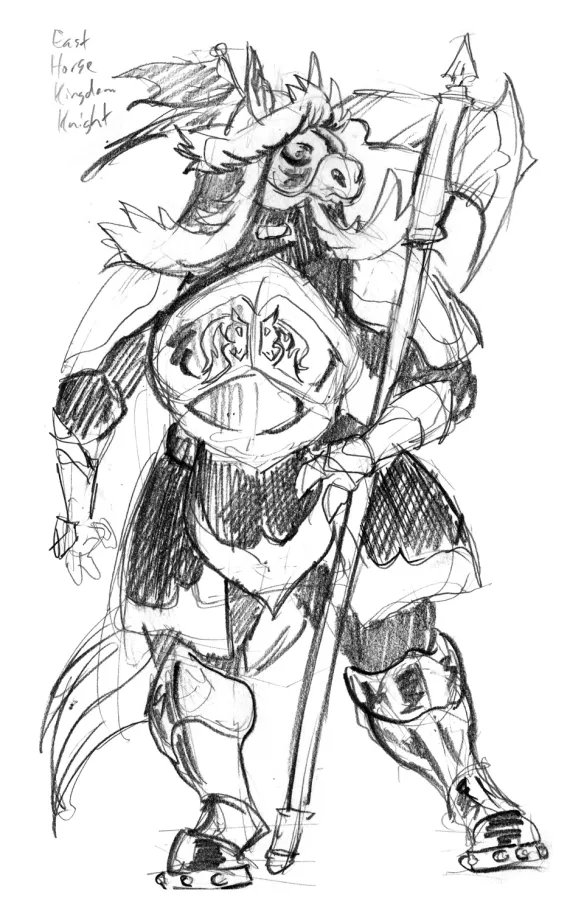 Pencil sketch of an anthropomorphic horse character wearing a large armored ushanka style helmet with a small flag on top of the head, a light chest plate and pauldrons, over a dark colored tunic, and light metallic greaves on the legs with studded horseshoes. The horse also wields a halberd with an unreasonably long scythe part.