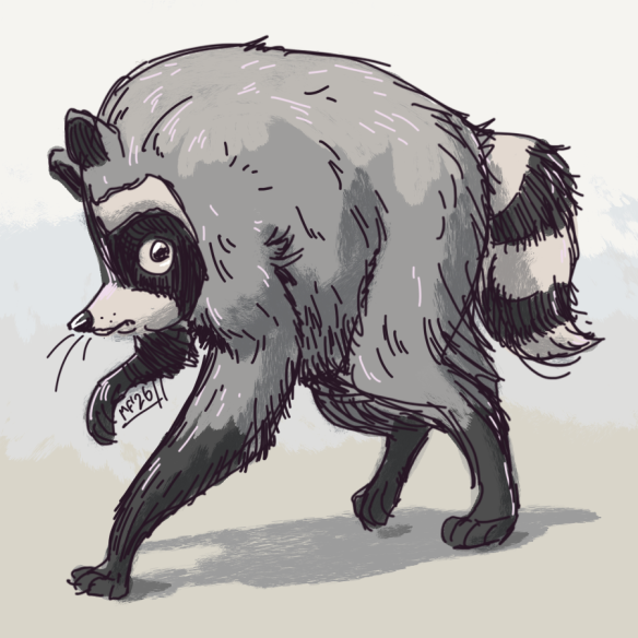Digital illustration of a raccoon with a spinal deformity that gives it a short, round appearance with long legs.