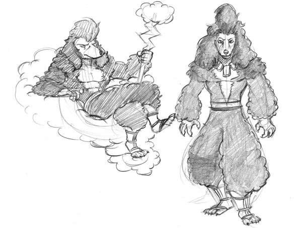 Two pencil sketches of an anthropomorphic male poodle with black fur patterned as a wavy shirt and pants combination. The sketch on the left shows the poodle reclining on a cloud holding a staff made of a lightning bolt and a cloud. The sketch on the right is a straight standing posture to demonstrate the full body design.