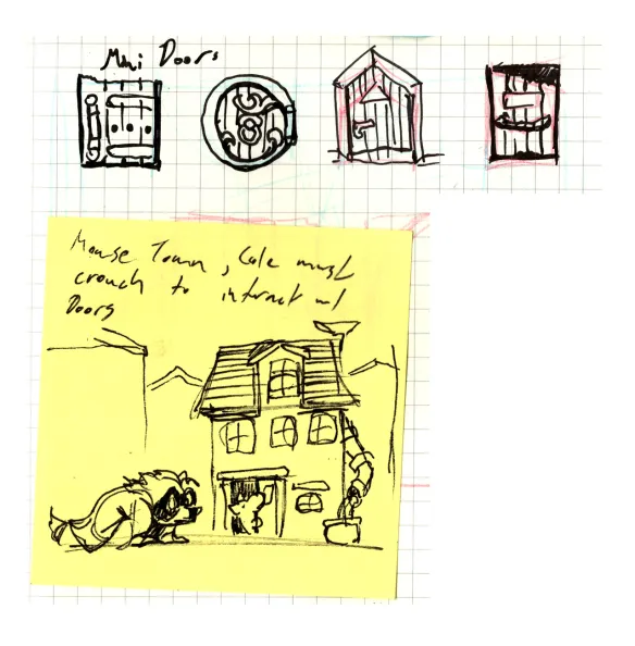 Pen and ink sketches on grid paper and post it notes depicting four different styles of doors. A post it note below demonstrates a simple sketch of a small house with a mouse inside the door. An anthropomorphic male raccoon wearing a long coat is hunched in front of this house to speak to mouse. Written text reads, "Mouse Town, Cole must crouch to interact with door."