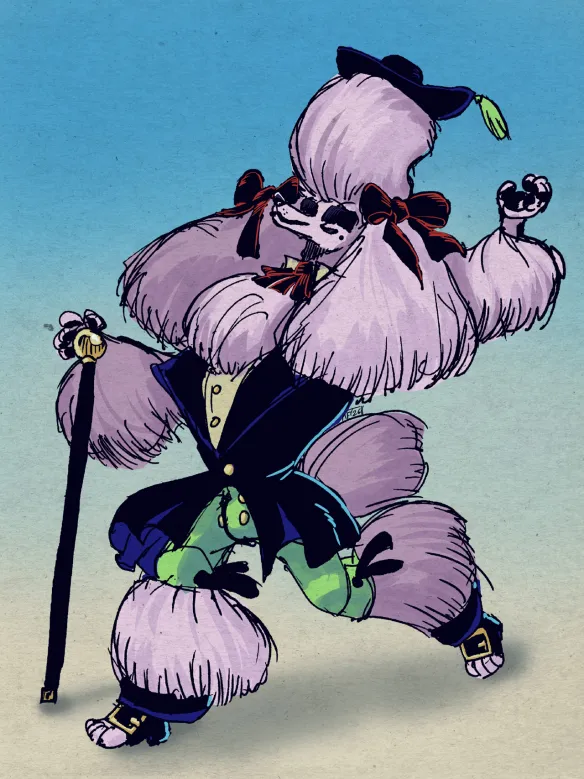 Digital illustration of an anthropomorphic male poodle with long puffy fur that billows out of at the legs and arms. He wears a fancy 17th century dark indigo jacket with tight green pantaloons,wearing dark red ribbons in his ears, carries a cane with a round gold handle and a tiny dark indigo hat at the top of the dog's massive pompadour.