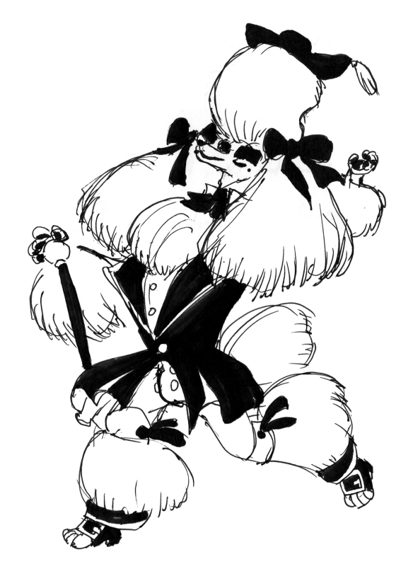 Pencil drawing of an anthropomorphic male poodle with long, puffy fur that flutters on his legs and arms. He wears an elegant black jacket from the 17th century with tight pants and ribbons on his ears. On top of the dog's huge pompadour is a small hat.