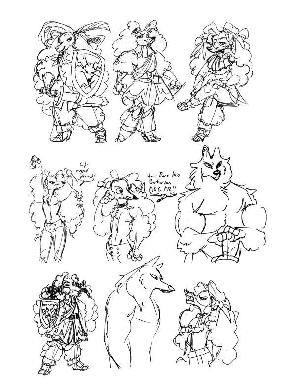 Six pencil view drawings of an anthropomorphic male poodle with long, puffy fur that flutters on the legs and arms. He wears an elegant black jacket from the 17th century with tight pants and ribbons on his ears. The first three sketches show large shields attached to the dog's large fluffy ears and a musketeer's hat.