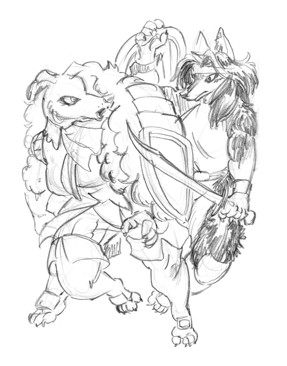 Pencil drawing of an anthropomorphic female poodle with long, puffy fur and large shields attached to her ears in a battle with an anthropomorphic wolf who attacks with her sword only to be deflected by the poodle's ear protector.