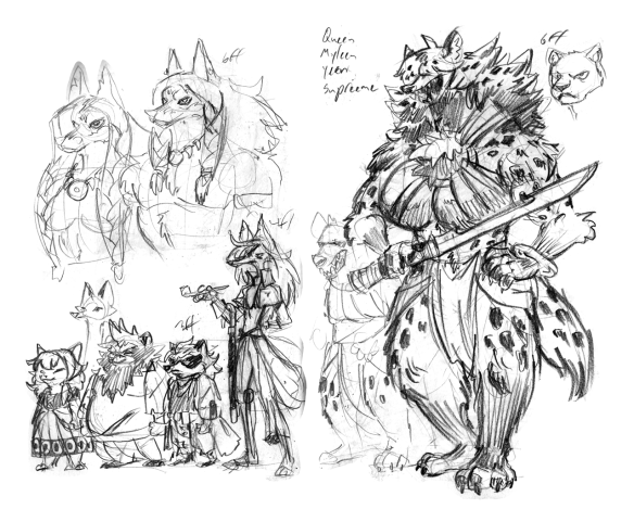 Pencil drawing from a double-page sketchbook showing a height comparison of a 6-foot-tall anthropomorphic female hyena wearing a top with ring closures from which her fur protrudes and a long, flowing loincloth. He also carries a hooked sword. Behind her are faint sketches of a smaller hyena head and a lion head for height comparison. Name ideas are proposed in the written text: "Queen Myleen Yeen Supreme". The hyena is found alongside smaller anthropomorphic animals: the domestic cat, tanuki, raccoon, jackal, gray wolf and lion.