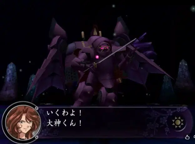 Still from Sakura Wars: In Hot Blood that depicts a dark pink, winged koubu-like mech. Kouma Ayame taunts the Imperial Combat Revue from within