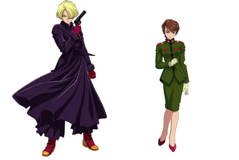 Key art for two Sakura Wars Characters.

On the left, Maria Tachibana: a blonde woman with an icy glare, wearing a black coat and red gloves. She's holding a revolver in her right hand.

On the right, Ayame Fujieda, a brown-haired woman wearing a green military uniform, white gloves, and red heels