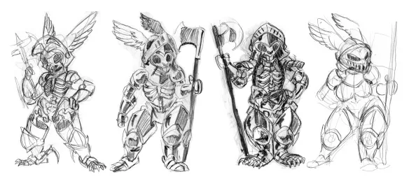 Pencil sketch of an anthropomorphic female rabbit skeleton wearing a metal helmet with wings for ears, a rebraces, vambraces, cuisseses, greaves and no chest armor while wielding a poleaxe. Second pencil sketch of an anthropomorphic female rabbit skeleton wearing a metal helmet with wings for ears, a pair of rebraces, vambraces, cuisseses, greaves and no chest armor while wielding a poleaxe and having the loose cups of a metallic bra hanging from her neck.