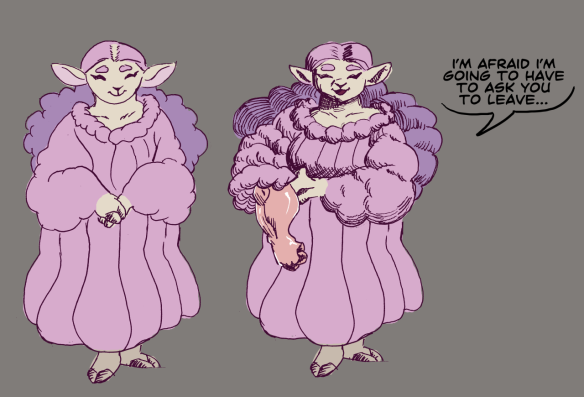 Two Traditional ink and digital colored drawings of an anthropomorphic female sheep with light pink wool trimmed into a pattern similar to a long dress. Left pose is a neutral standing pose with her hands clasped forward together. The right pose has her rolling up the "sleeves" of her wool arm, revealing her muscular forearm in a threatening manner, as she calmly says..."I'm afraid I'm going to have to ask you to leave..."