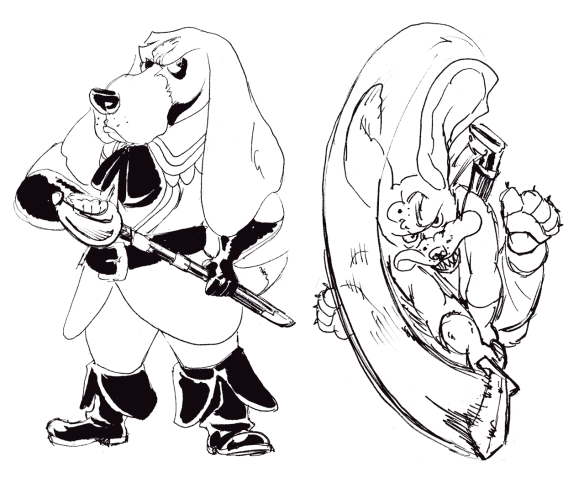 Two pen and ink illustrations of an anthropomorphic basset hound with long ears dressed in a jacket, neckerchief, black boots and spikes and holding a sword on his belt. The second sketch shows the dog in action flying through the air in a long vertical sword motion while its ears and dewlap fall into the air.