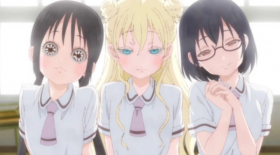 Hanako con ojos cómicos de gama, Olivia intrigante y Kasumi luciendo dulce en el anime Asobi Asobase