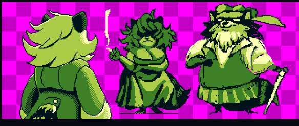 Three monochrome green pixel illustrations of three anthropomorphic raccoons. A male raccoon on the left wearing a long jacket appears to be two other raccoons. The medium-sized, moderately busty female raccoon has messy hair and a sloppy dress holding a cigarette in a disdainful attitude. The fat, upright male raccoon wears a stylish feather hat and kilt, while holding a cane.