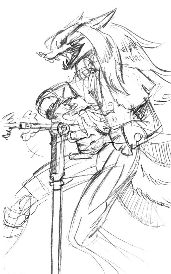 Traditional pencil sketch of an anthropomorphic female jackal with long hair, eye patch, a prosthetic wooden right leg, wearing an eye patch, long coat, stripped trousers, as she shoots with her walking cane's with a hidden gun at the handle.