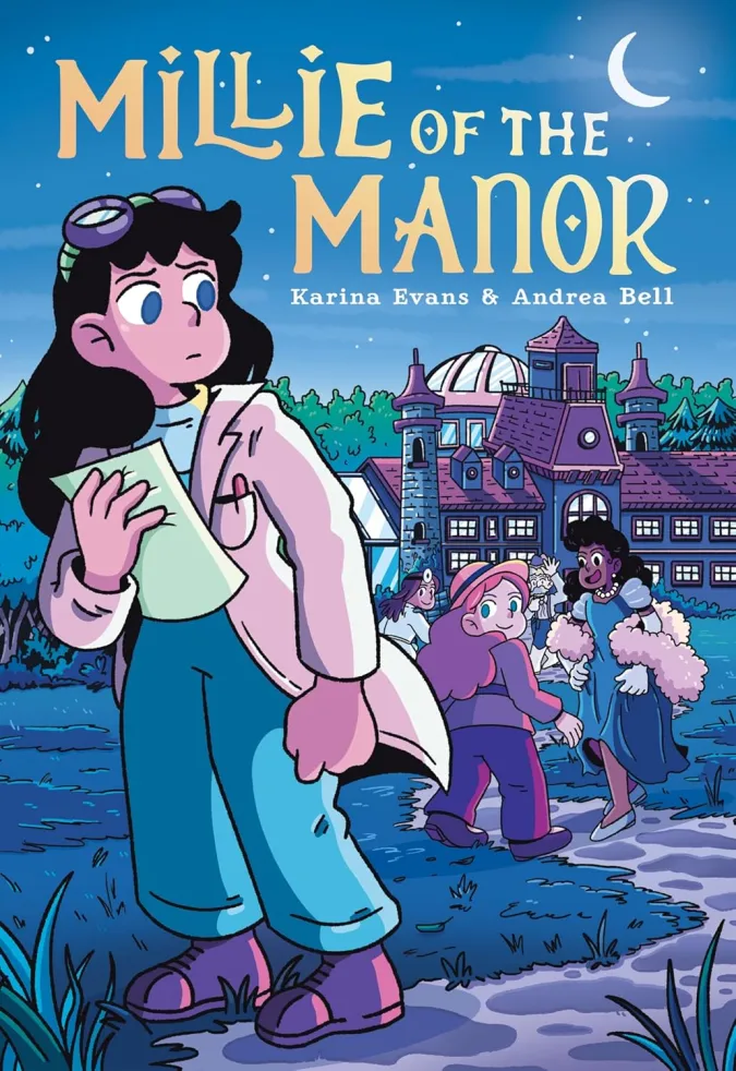 Cover of Millie of the Manor, showing a girl dressed as a scientist looking at other children in front of a large, old house.