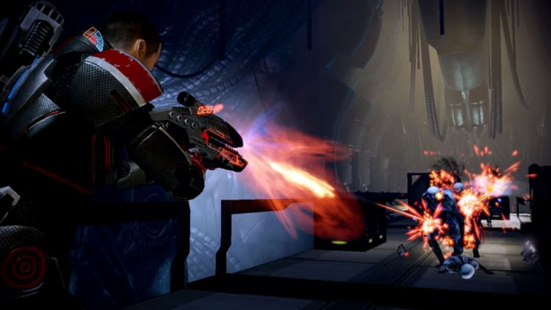 Shepard firing a wave of shells during the shooter, Mass Effect 2.
